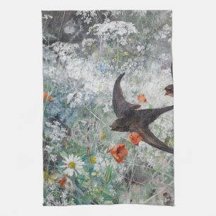 Swallow and Flower Field, Bruno Liljefors Kitchen Towel