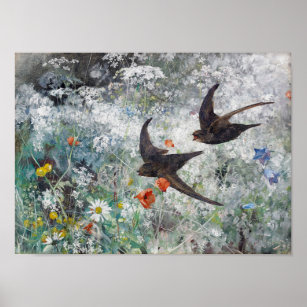 Swallow and Flower Field, Bruno Liljefors Poster