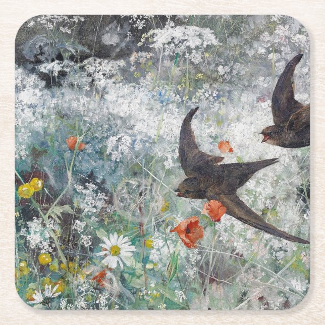 Swallow and Flower Field, Bruno Liljefors Square Paper Coaster (Front)