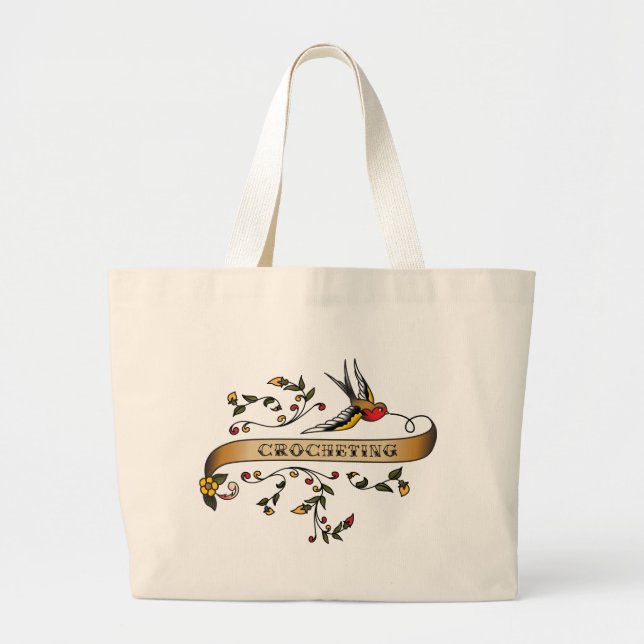 Swallow and Scroll with Crocheting Large Tote Bag (Front)