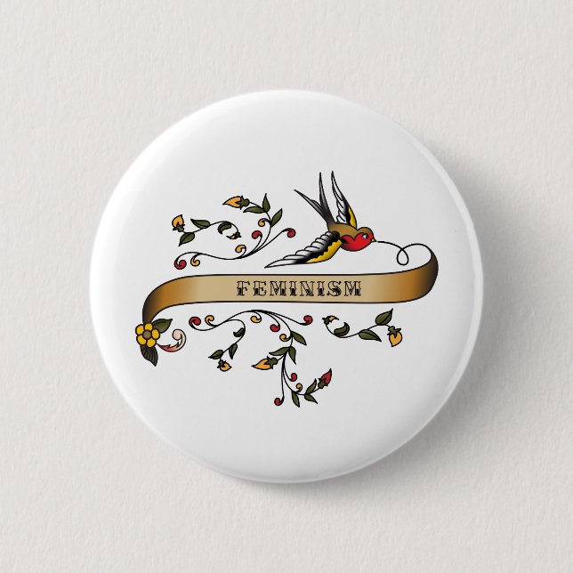 Swallow and Scroll with Feminism 2 Inch Round Button (Front)