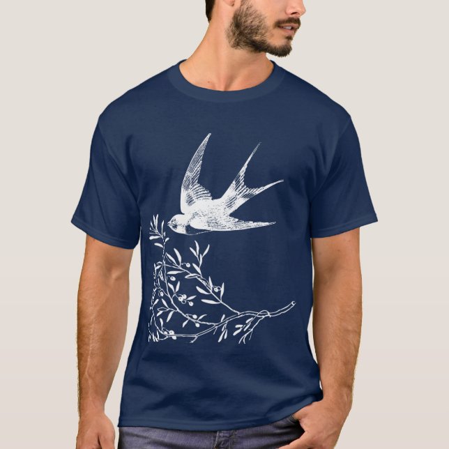 Swallow Bird Flying over Olive Branches  T-Shirt (Front)