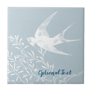 Swallow Bird Flying over Olive Branches Tile