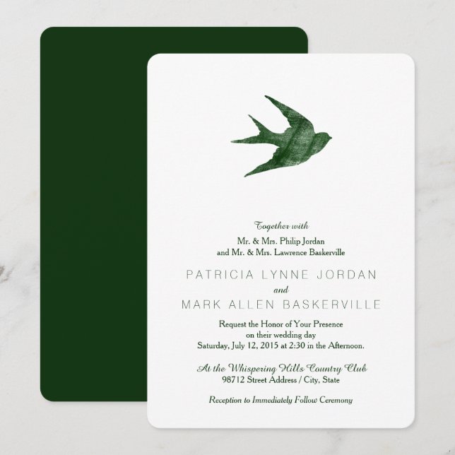 Swallow (Letterpress Style) Invitation (Front/Back)
