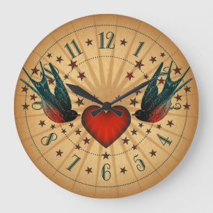Swallows And Stars Tattoo Art Large Clock