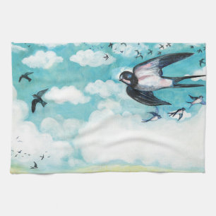 Swallows flying over a wheat field  kitchen towel