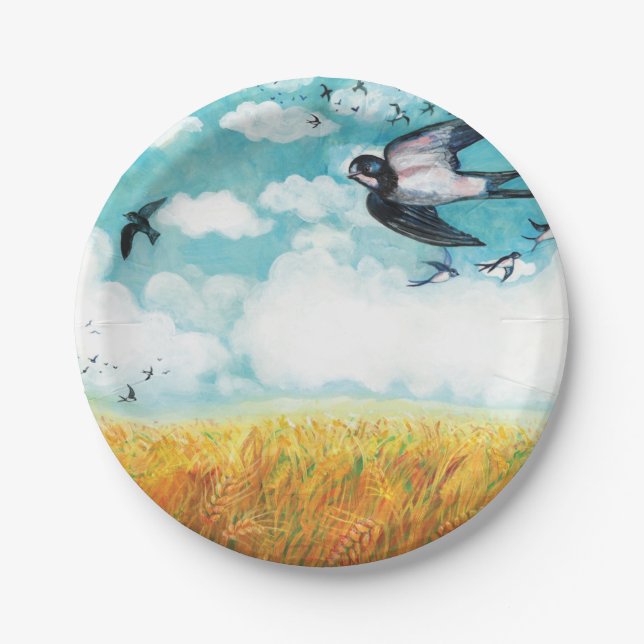 Swallows flying over a wheat field  paper plate (Front)