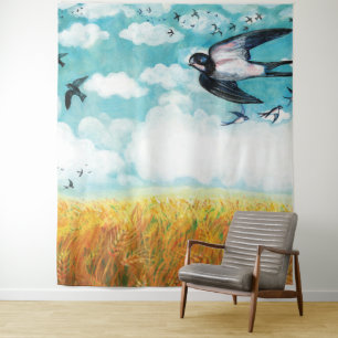 Swallows flying over a wheat field   tapestry