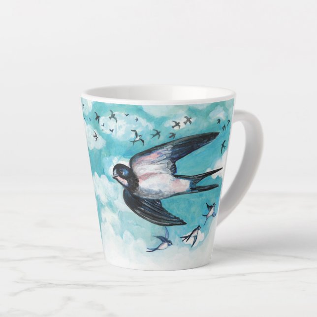 Swallows flying over cloudy blue sky  latte mug (Right Angle)