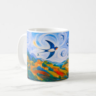Swallows flying over flowing summer landscape coffee mug