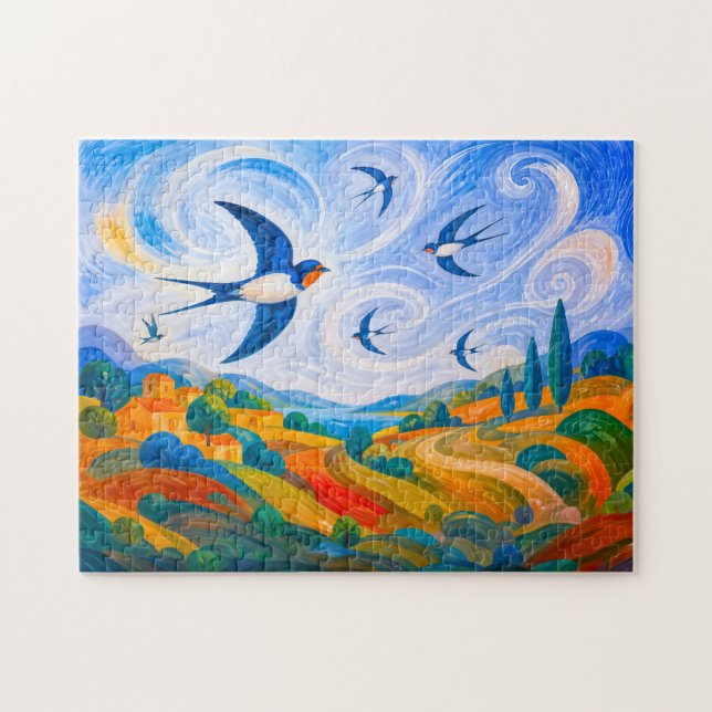 Swallows gliding in windy hillside sky jigsaw puzzle (Horizontal)