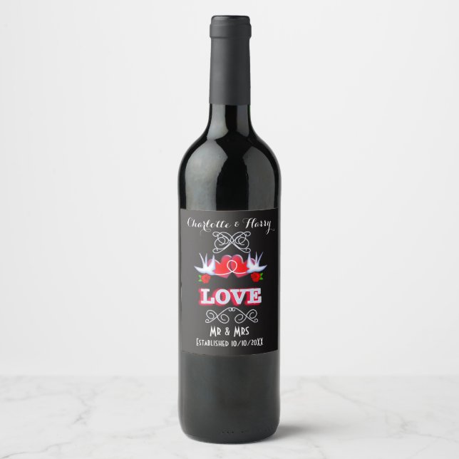 Swallows Love Hearts Red Roses Personalized Wine Label (Front)