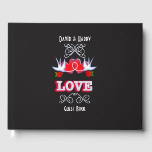 Swallows Love Hearts Roses Red Black Personalized Guest Book