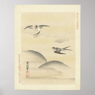 Swallows on the Wing, Antique Japanese Painting Poster