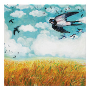  Swallows over a wheat field Illustration  Poster