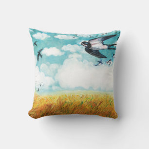 Swallows over a wheat field Illustration Throw Pillow
