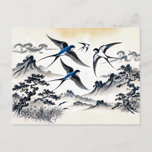 Swallows Soaring Through the Sky in Chinese Ink Pa Postcard (Front)