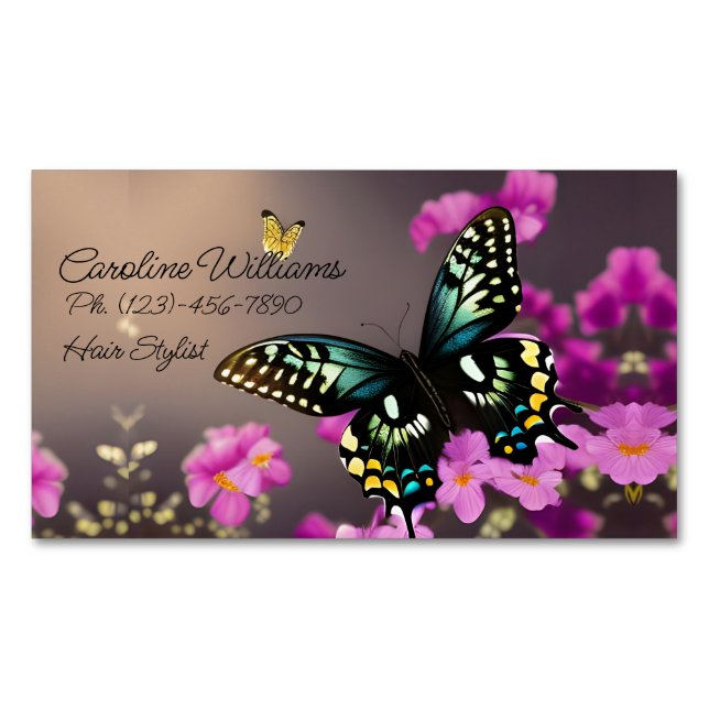 Swallowtail Butterfly and Pink Flowers Magnetic Business Card (Front)
