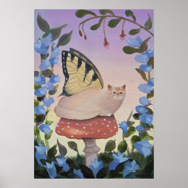 Swallowtail Butterfly Cat on Mushroom Wall Art (Front)