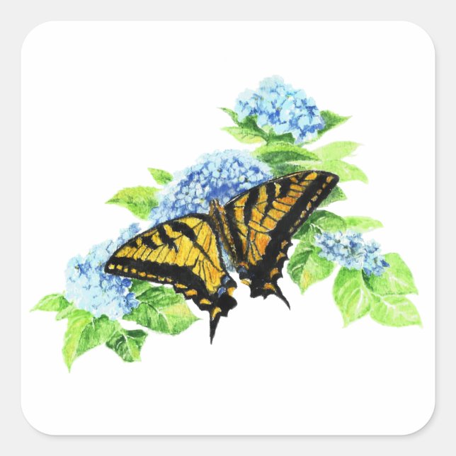 Swallowtail  Butterfly Hydrangea Flower Square Sticker (Front)