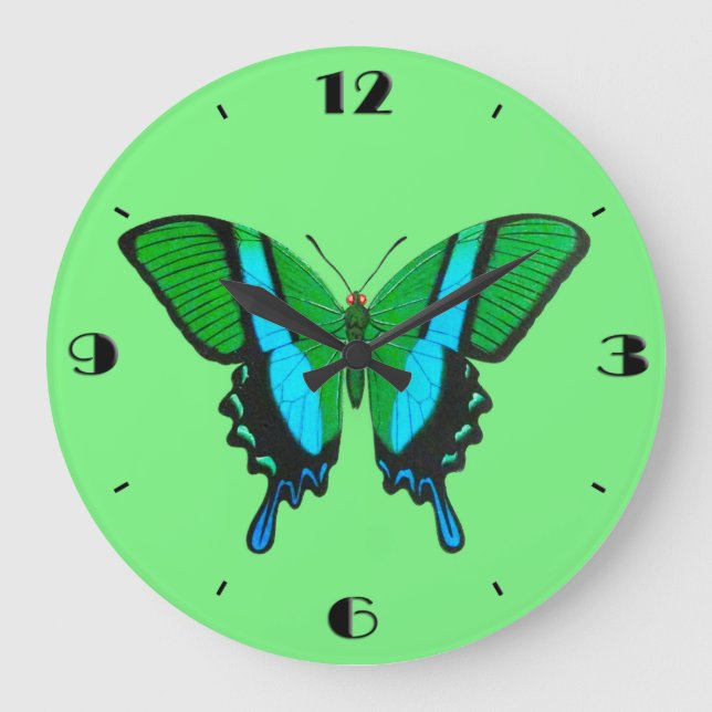 Swallowtail Butterfly in Green, Turquoise & Black  Large Clock (Front)