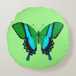 Swallowtail Butterfly in Green, Turquoise & Black Round Pillow