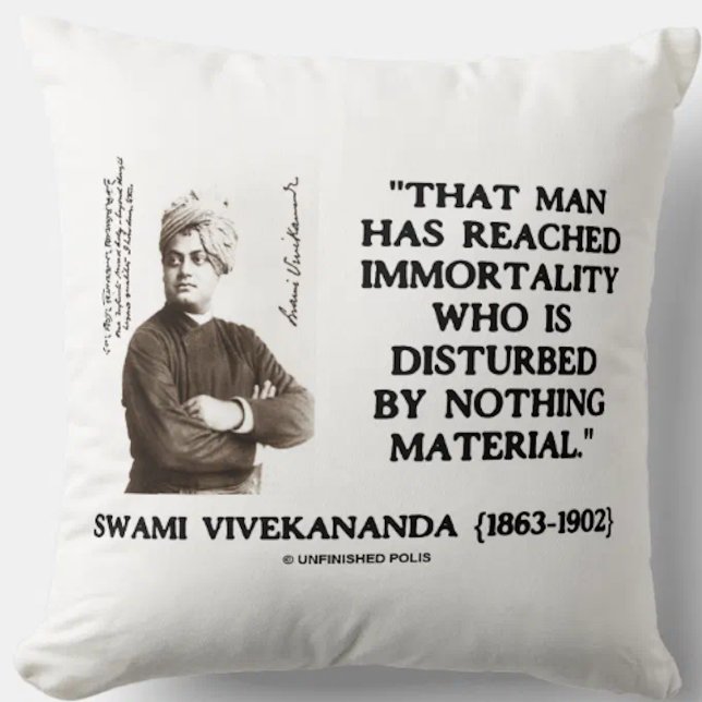 Swami Vivekananda Man Reached Immortality Material Throw Pillow (Throw pillow featuring timeless Swami Vivekananda quote for anyone who strives for immortality)