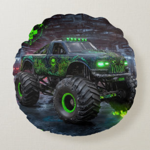  Swamp Beast: Toxic Skull Monster Truck Round Pillow