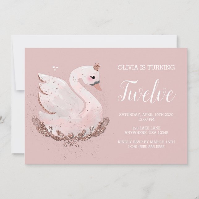 Swan 1st Birthday | Dusty Rose and Rose Gold Invitation (Front)