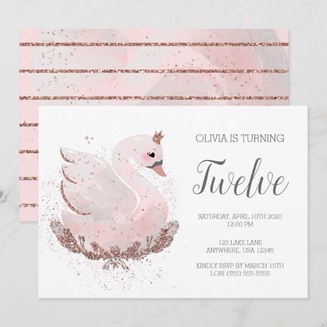 Swan 1st Birthday |  White and Rose Gold Glitter Invitation (Front/Back)
