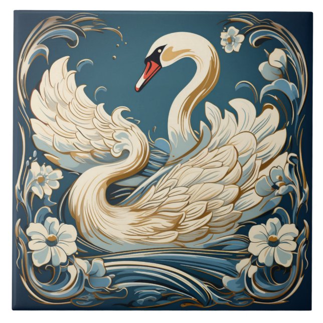 Swan and Flowers, Blue Background Tile (Front)