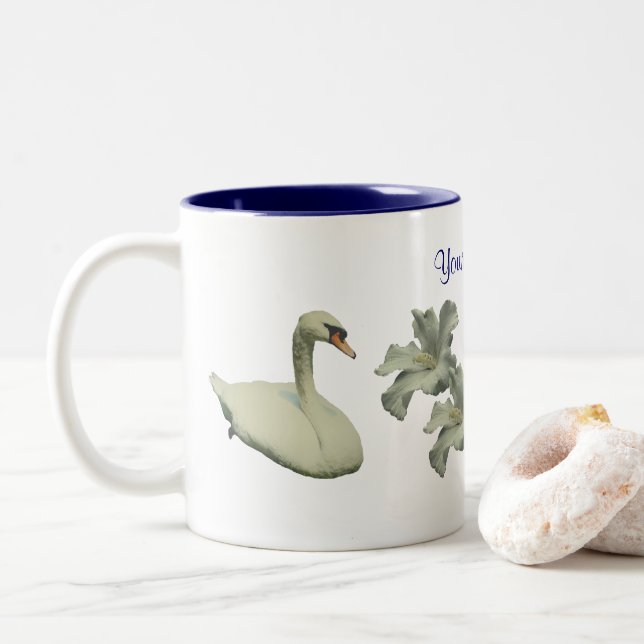 Swan And Hibiscus Flower Personalized Two-Tone Coffee Mug (With Donut)