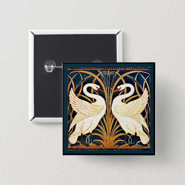 Swan and Rush and Iris,  2 Inch Square Button (Front & Back)