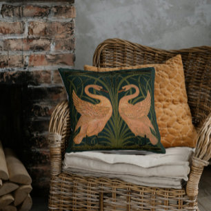 Swan and Rush Iris Crane Brown Green Gold Throw Pillow