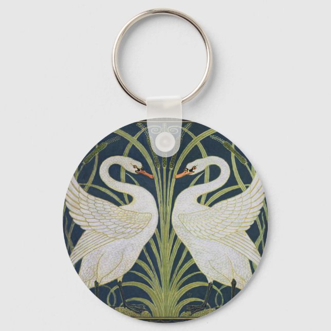 Swan Art Nouveau Swirl Bird White  Keychain (Front)
