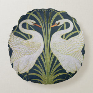 Swan Art Nouveau Two Swans Round Pillow