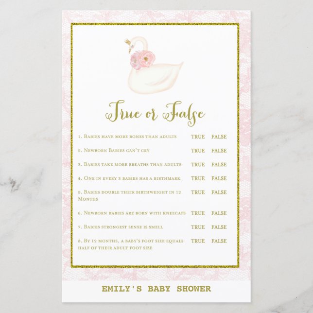 Swan Baby Shower Game PRINTED (Front)