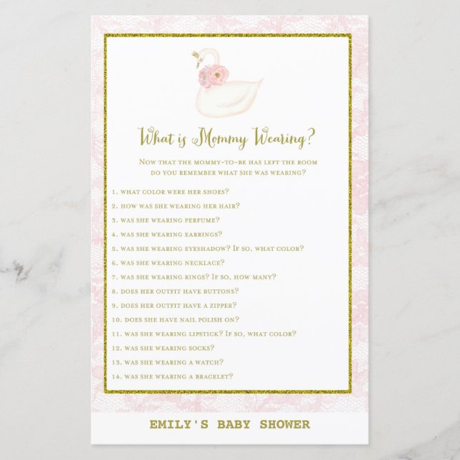 Swan Baby Shower Game PRINTED (Front)