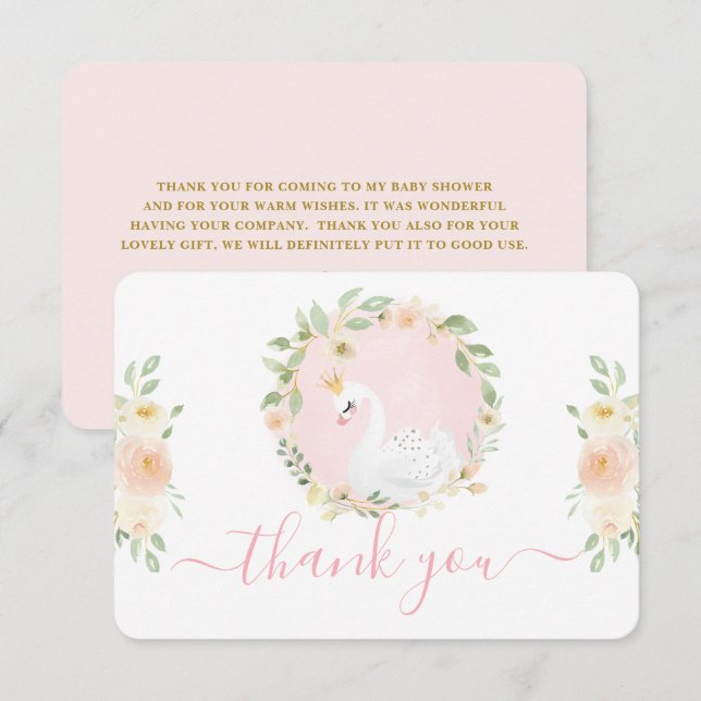 Swan Baby Shower Girl Flat Thank You Card (Front/Back)