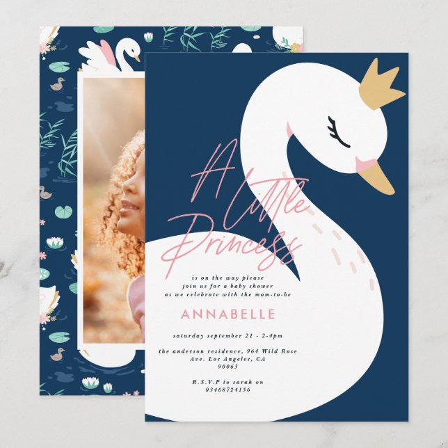Swan baby shower girly pink navy blue cute elegant invitation (Front/Back)