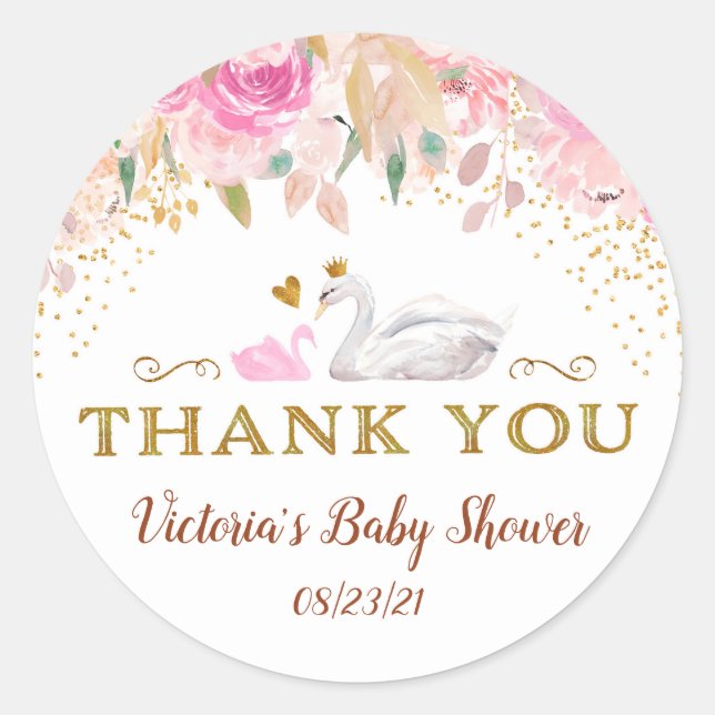 Swan Baby Shower Round Stickers for Favours (Front)