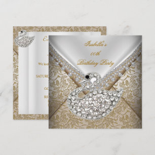 Swan Beige Gold Damask White Elegant Birthday Invitation