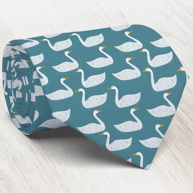Swan Bird Pattern Teal Green Tie (Swan bird pattern neck tie for nature, wildlife and bird lovers)