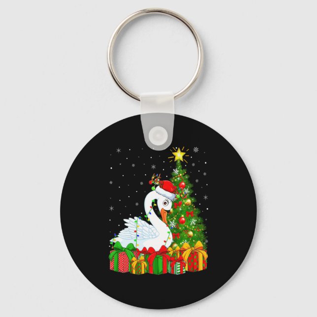 Swan Bird Xmas Holiday Santa Swan Christmas Tree  Keychain (Front)