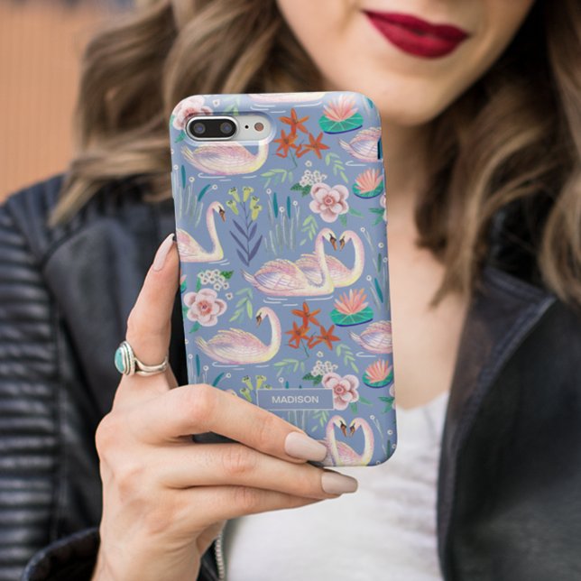 Swan Birds Floral Botanical Blue Pattern Name Case-Mate iPhone Case (Creator Uploaded)