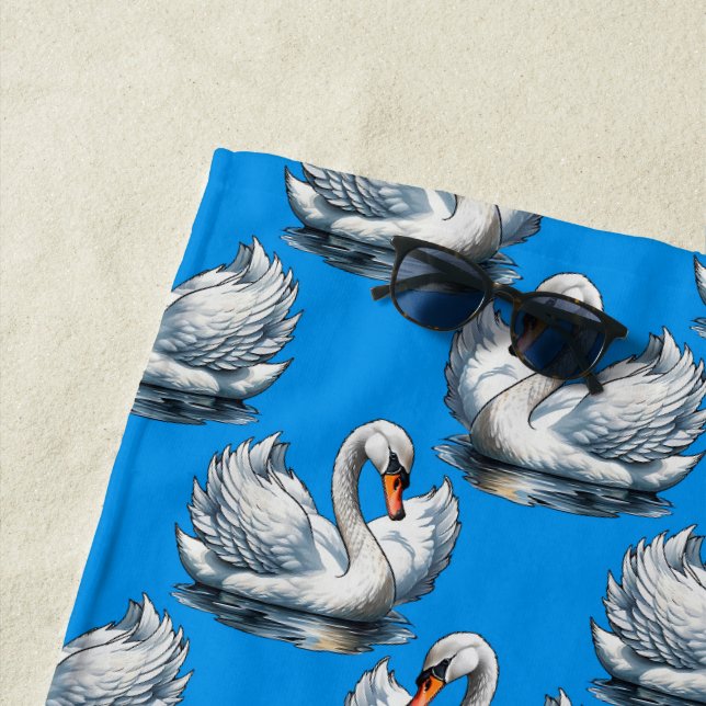 Swan Birds Pattern Design On Blue  Beach Towel (In Situ)