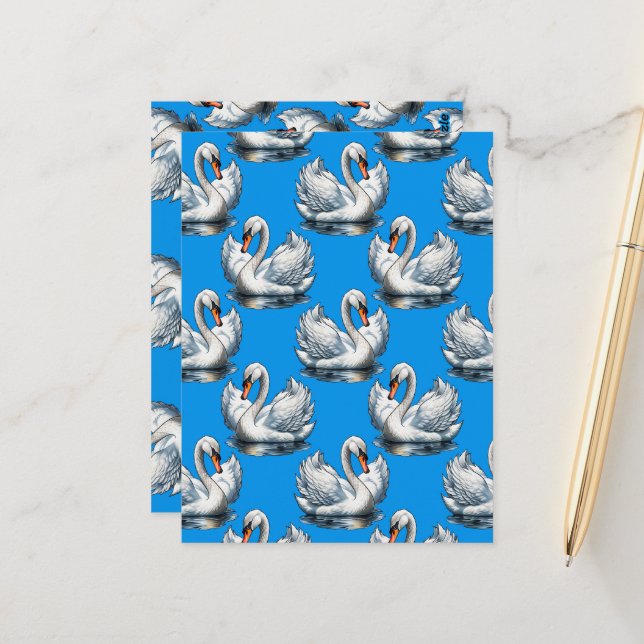 Swan Birds Pattern Design On Blue  Postcard (Front/Back In Situ)