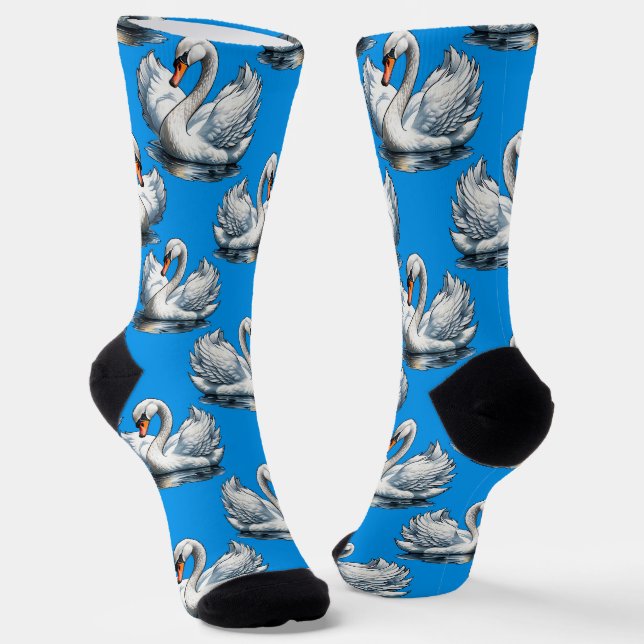 Swan Birds Pattern Design On Blue  Socks (Angled)