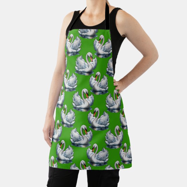 Swan Birds Pattern Design On Green  Apron (Insitu)