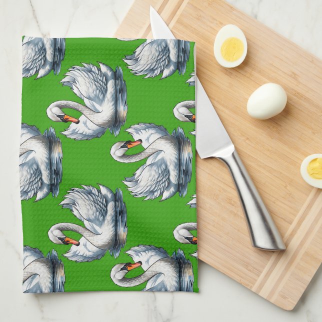 Swan Birds Pattern Design On Green  Kitchen Towel (Quarter Fold)